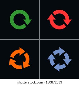 4 arrow sign reset, reload, refresh, rotation pictogram. Set 01 (color on black background). Simple mono flat solid plain minimal style icon. Vector illustration design elements save in 8 eps