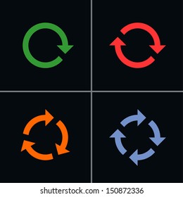 4 arrow sign reset, reload, refresh, rotation pictogram. Set 02 (color on black background). Simple mono flat solid plain minimal style icon. Vector illustration design elements save in 8 eps