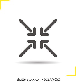 4 arrows aiming to the center glyph icon. Drop shadow silhouette symbol. Direction arrows. Negative space. Vector isolated illustration