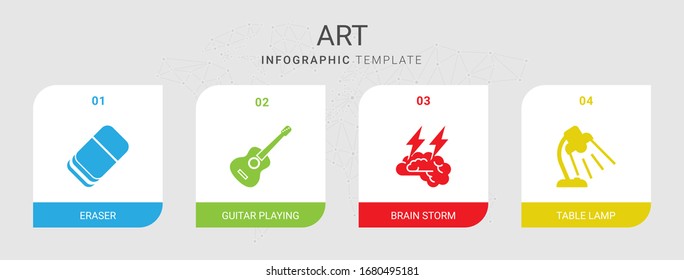 4 art filled icons set isolated on infographic template. Icons set with Eraser, Guitar playing, Brain storm, Table lamp icons.