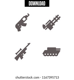 4 assault vector icon set with rifle, war tank and machine gun icons for mobile and web