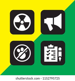 4 attention icons in vector set. test, megaphone, no animals and radioactive illustration for web and graphic design
