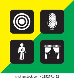 4 audience icons in vector set. bullseye, speaker, curtain and microphone illustration for web and graphic design