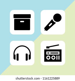 4 audio icons in vector set. karaoke microphone icon, radio, headphones and archive black box illustration for web and graphic design