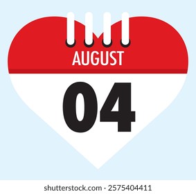 4 August calendar icon red heart shape on light sky blue color background, calendar vector symbol for the month of August.