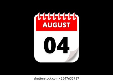 Diseño web mensual de la página de texto del ícono del calendario del 4 de agosto en el Vector, el ícono o la ilustración del fondo rojo, blanco y negro con el mes del 4 de agosto