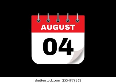 4 August calendar icon text page monthly web design on red, white and black background vector, icon, or illustration with the month of August 4