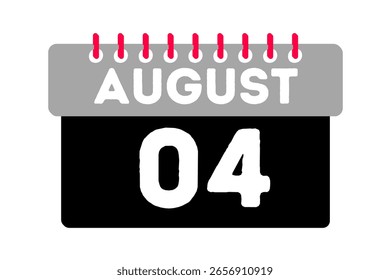 4 de agosto Mes Vector de un solo día, ilustración, calendario con ceniza, negro, rojo y blanco Icono de calendario de fondo de color del 4 de agosto