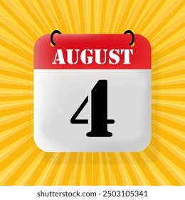 4 August. Speech bubble with calendar 2024, 2025. Year, month, day, week, time management. Planning concept. 3d illustration. Pop art style. Vector line icon for Business and Advertising