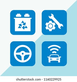 4 automotive icons in vector set. car battery, car and repair illustration for web and graphic design