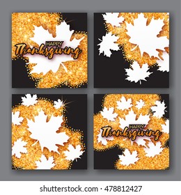 4 Autumn Greetings card with Happy Thanksgiving Day title. Origami white maple leaves on gold glitter square background. Abstract Paper cut Trendy Design Template for banner, flyer, poster, invitation