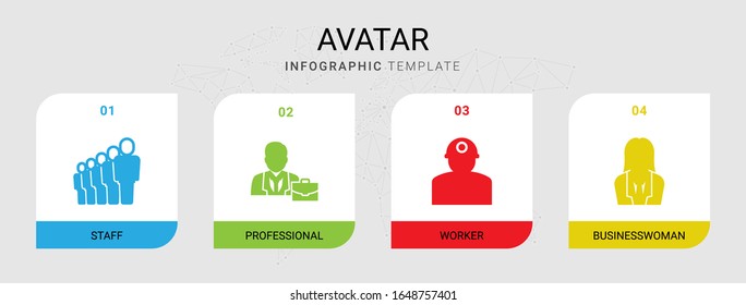 4 avatar filled icons set isolated on infographic template. Icons set with staff, professional, worker, businesswoman icons.