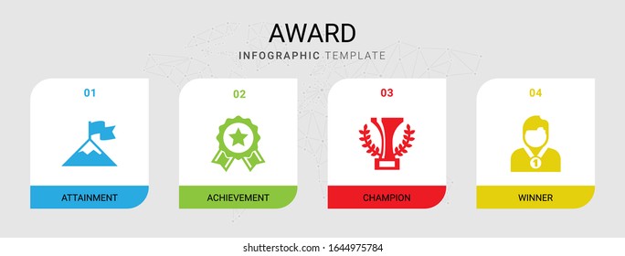 4 iconos con premios establecidos aislados en plantilla infográfica. Iconos con logros, logros, campeones, íconos ganadores.