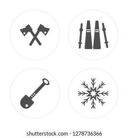 4 Axe, Shovel, Ski, Snowflake modern icons on round shapes, vector illustration, eps10, trendy icon set.