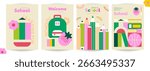 4 Back to School Posters in Modern Bright Design with School Supplies – Perfect for Advertisements, Classroom Decorations, Flyers, Social Media Banners, and Educational Campaigns.