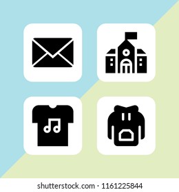  4 back set with tshirt, hoodie, close envelope and school vector icons for web and mobile app