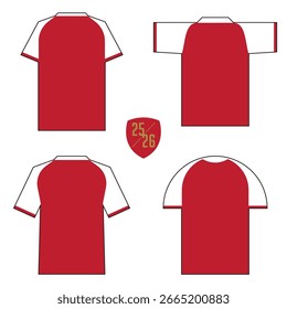 4 Vista de trás da camiseta vermelha com mangas brancas clube de futebol. Traje esportivo, uniforme esportivo, camisa de futebol ou kit de futebol modelo de modelo de maquete em estilo mínimo. Ilustração de vetor.