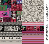4 background with patterns, figures, colors symbolizing Peruvian folklore. Rock paintings, ornaments, decorative elements, united in seamless patterns.