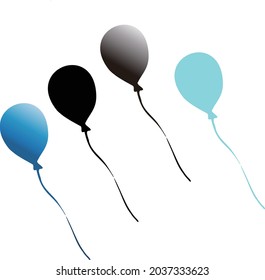 4 Ballons in Schwarz, Aqua-Blau, 3D-Grau und Blau in Gradation mit einer an jedem Ballon gebundenen Zeichenfolge zur Feier, Vektorgrafik