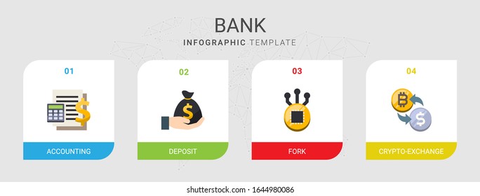 4 bank flat icons set isolated on infographic template. Icons set with Accounting, Deposit, Fork, crypto-exchange icons.