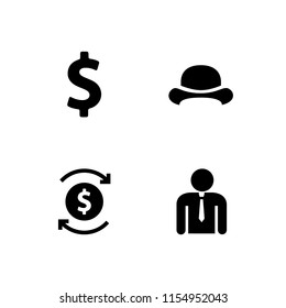 4 banker icons in vector set. bowler, dollar symbol and admin illustration for web and graphic design