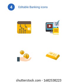 4 iconos planos bancarios establecidos aislados en . Iconos con billetera digital, Procesador de pagos, Dividendos, iconos de barras de oro.