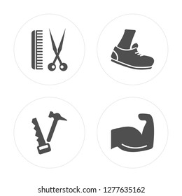 4 Barber, Carpenter, Runner, Body Building modern icons on round shapes, vector illustration, eps10, trendy icon set.