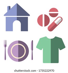 4 basic human needs flat icon set of residence, medicine, food, clothes, pastel color style