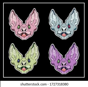 4 bats of different colors vector stickers with black outline.