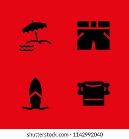 4 beach icon set with beach umbrella, surfboard and shorts vector illustration for graphic design and web