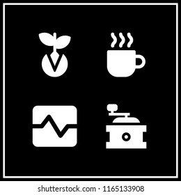 4 bean vector icon set with pulse, coffee grinder, coffee and germination icons for mobile and web