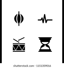 4 beat icons in vector set. hourglass, boxing bag, military drum musical instrument and pulse line illustration for web and graphic design
