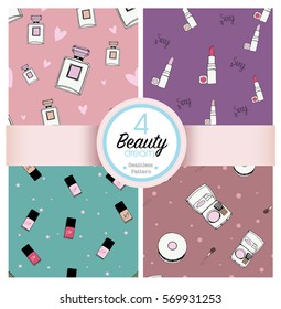 4 Beauty and Cosmetic Seamless Pattern with make up, perfume, Nail polish, brush on and lipstick. Hand drawing in Vector file.