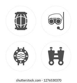 4 Big Barrel, Submarine Window, Snorkling Glasses, Binocular modern icons on round shapes, vector illustration, eps10, trendy icon set.