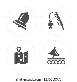 4 Big Bell, Folded Map with Placeholder, Fishing Rod, Wood Raft modern icons on round shapes, vector illustration, eps10, trendy icon set.