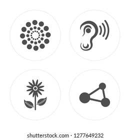 4 Big and Small Dots, Flower with Leaves, Ear Sound Bar, Share modern icons on round shapes, vector illustration, eps10, trendy icon set.