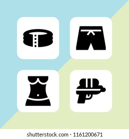 4 bikini icons in vector set. swimsuit, body, pool and water gun illustration for web and graphic design