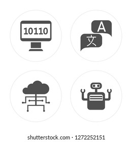 4 Binary code, Cloud computing, Translation, Bot modern icons on round shapes, vector illustration, eps10, trendy icon set.