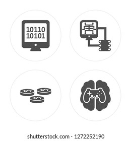 4 Binary code, Coins, Database, Gaming modern icons on round shapes, vector illustration, eps10, trendy icon set.