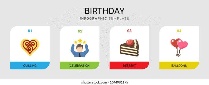4 Geburtstagsflache Symbole einzeln auf Infografik-Vorlage. Icons gesetzt mit Quilling, Fest, Dessert, Ballons Icons.