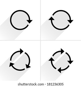 4 black arrow loop, refresh, reload, rotation icon. Volume 01. Flat icon with gray long shadow on white background. Simple, solid, plain, minimal style. Vector illustration web design elements 8 eps