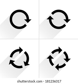 4 black arrow rotation, loop refresh, reload icon. Volume 02. Flat icon with gray long shadow on white background. Simple, solid, plain, minimal style. Vector illustration web design elements 8 eps