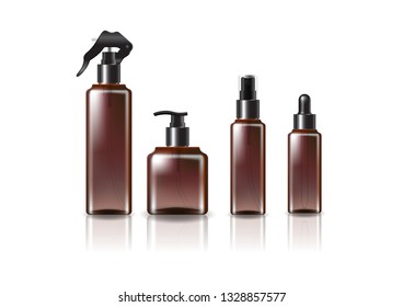 4 black heads/sizes brown square cosmetic bottle mockup template. Isolated on white background with reflection shadow. Ready to use for package design. Vector illustration.