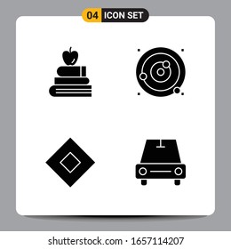 4 Black Icon Pack Glyph Symbols Signs for Responsive designs on white background. Set of apple with school books, target, diamond in diamond shape, car .