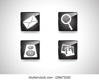 4 black icons: envelope, magnifying glass, music, photos