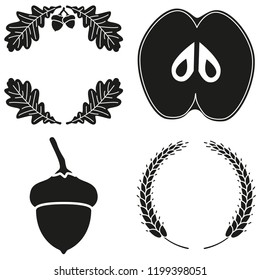 4 black and white harvest silhouette elements and wreath set. Seasonal fall plants. Autumn festival themed vector illustration for icon, label, sticker, badge, card, certificate or flayer decoration