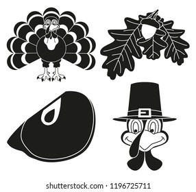 4 black and white thanksgiving silhouette elements set. Autumn turkey bird and plants. Fall festival themed vector illustration for icon, label, sticker, badge, gift card or flayer decoration