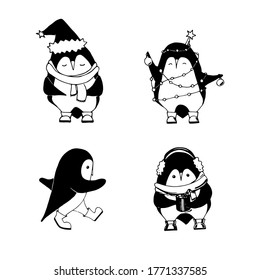 4 Black and white vector penguins for Christmas and New Year design. Cute characters of funny animals with a scarf, a hat, a cap and a garland.