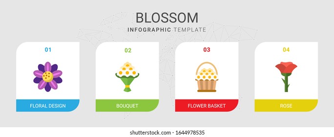 4 blossom flat icons set isolated on infographic template. Icons set with Floral design, bouquet, flower basket, rose icons.
