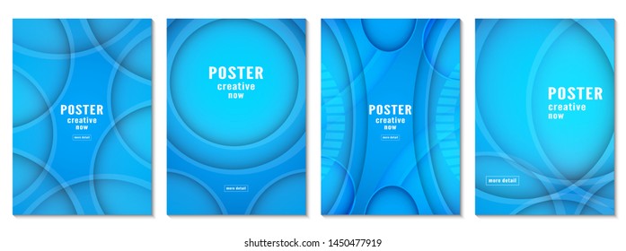 4 blue bundle of cover design for poster, template, business, flyer, book, advertisement. Vector illustration with curve shape and copy space.